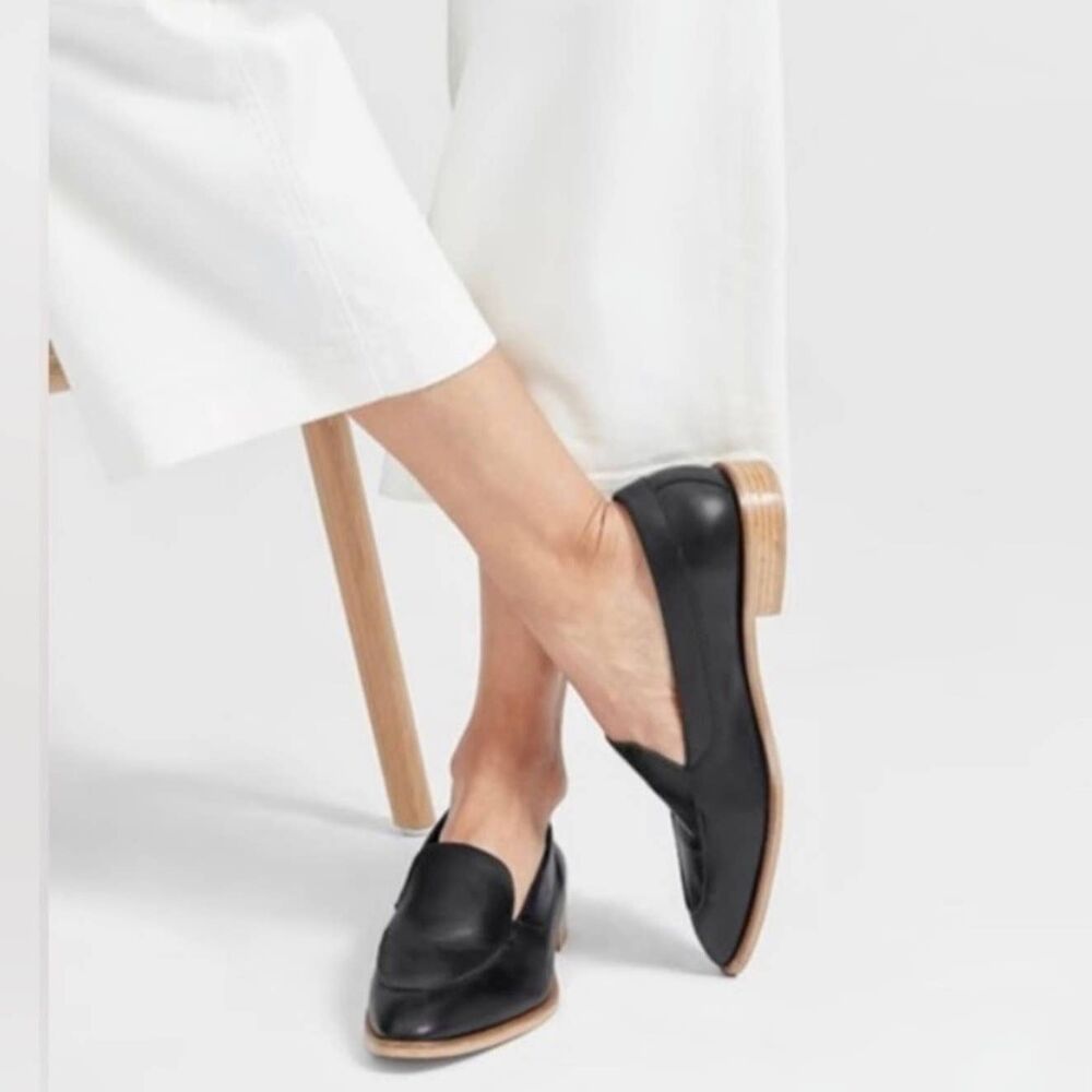 Everlane Black Leather Loafers with Natural Wood Heel